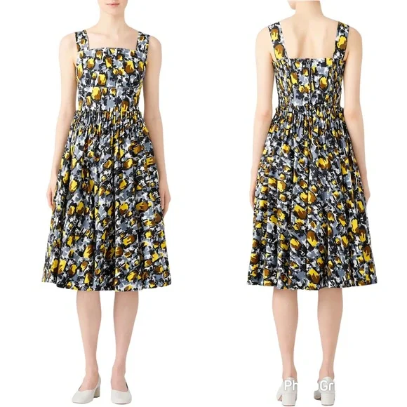 Marni Citrus Full Skirt Midi Dress Square Neck Fit Flare - Picture 1 of 16